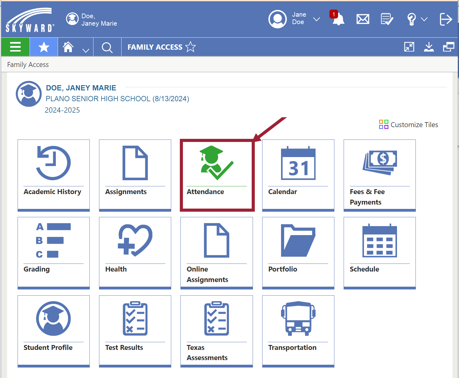 Family Access landing page with Attendance tile selected.