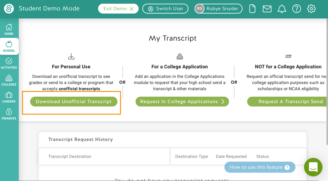 Schoolinks screenshot for My Transcript