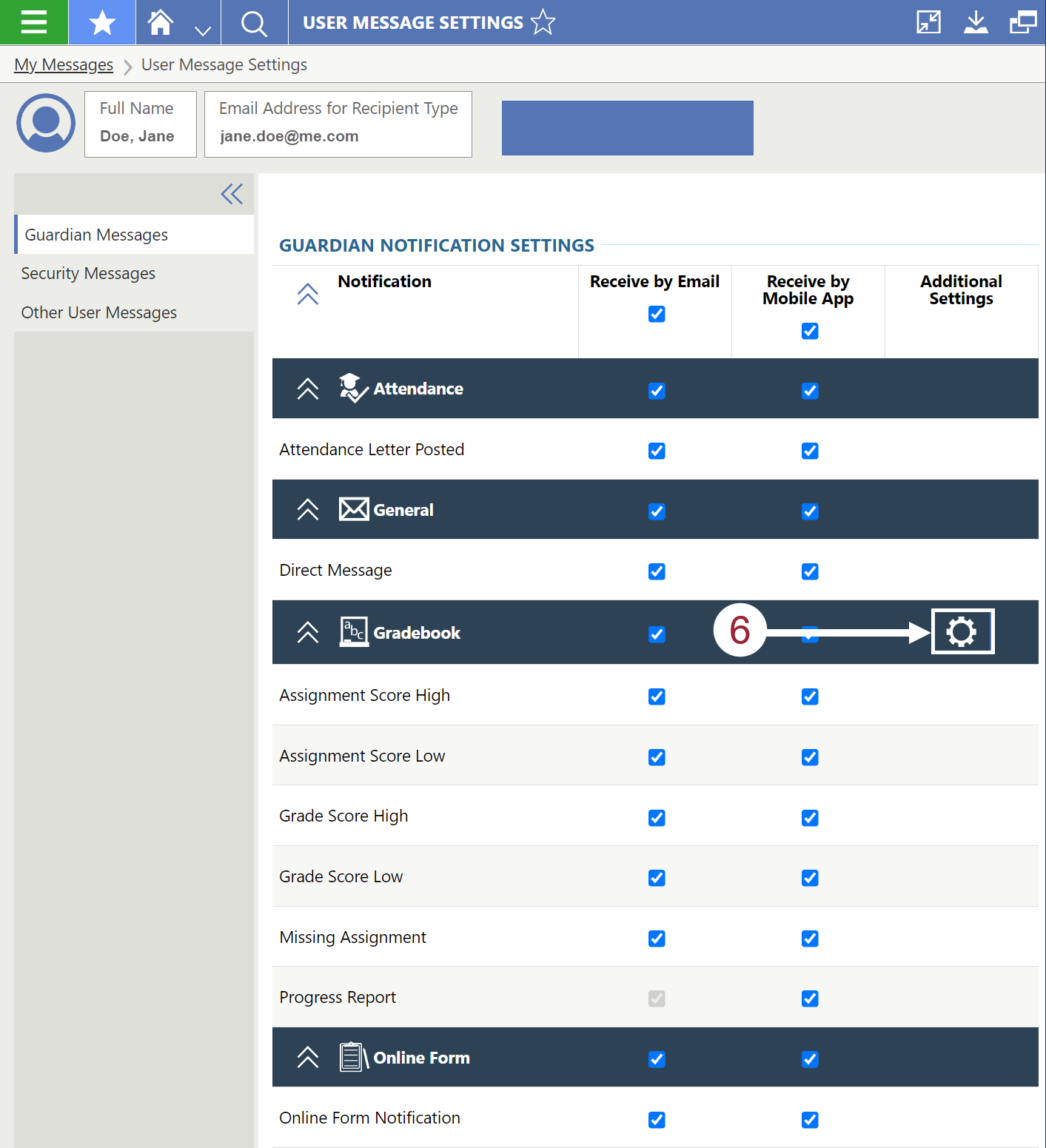 Guardian notification setting options. Use to customize notifications