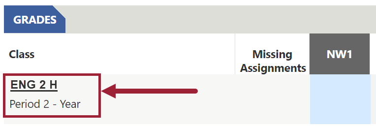 Screenshot of class under grades