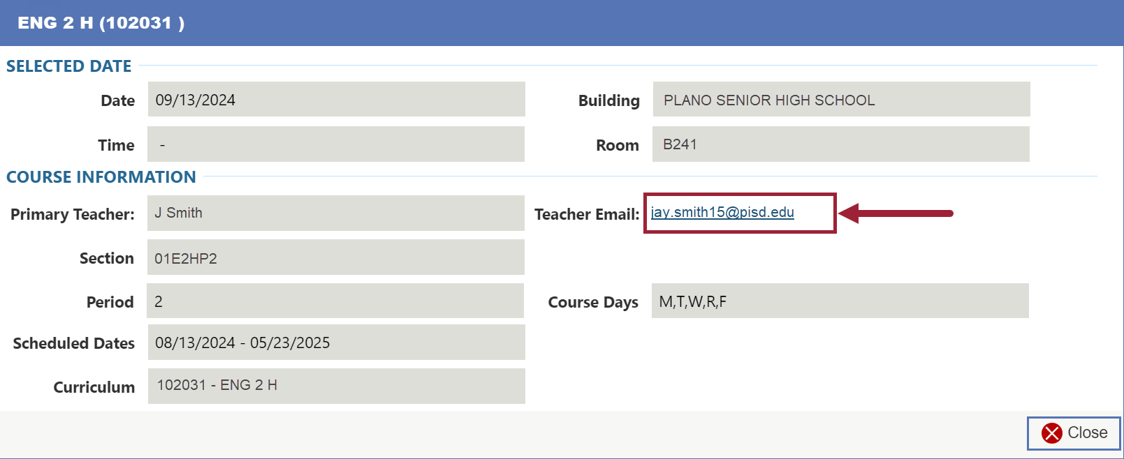More information including teacher email highlighted.