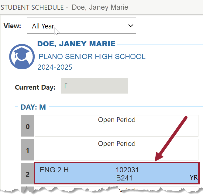 Screenshot of student schedule with class highlighted.