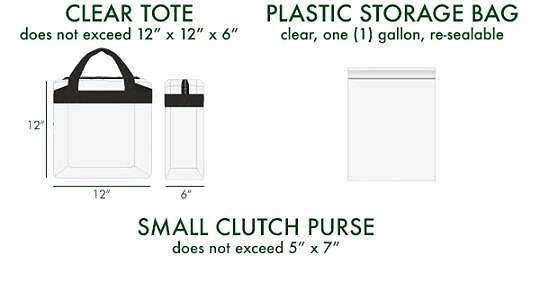 12" clear tote, plastic storage bag 1 gallon, small clutch purse 5"x7" 