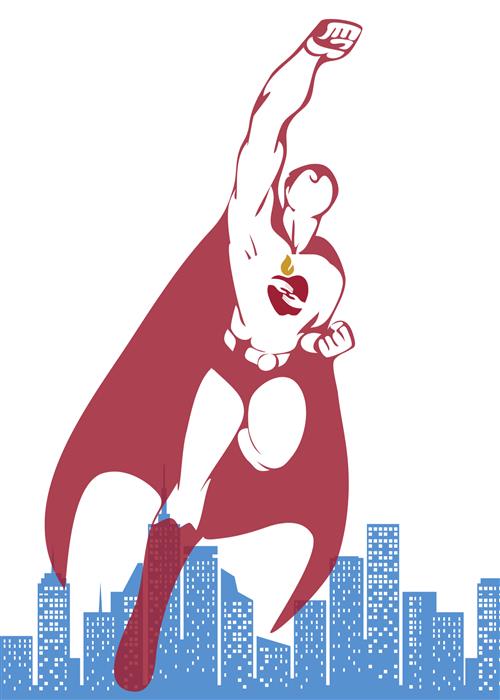 Decorative superhero with PISD apple logo flying over city