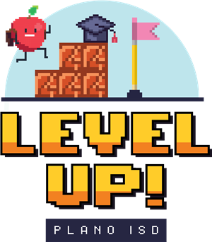 Level Up! Plano ISD with decorative image of apple video game.