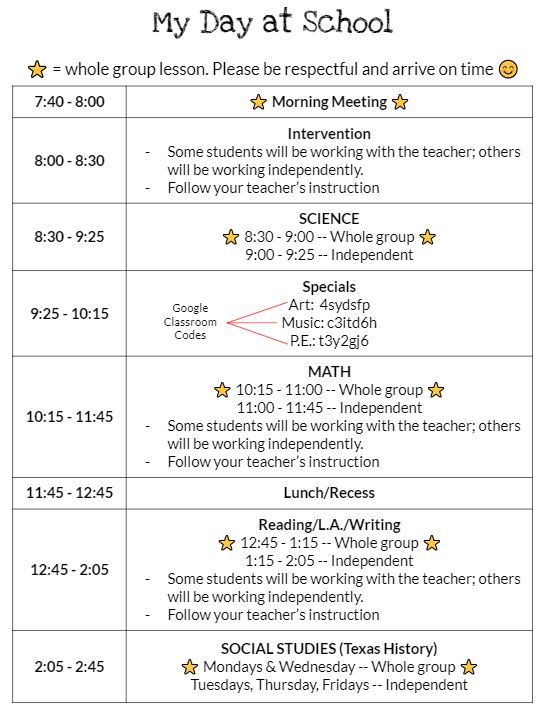 4th grade daily schedule