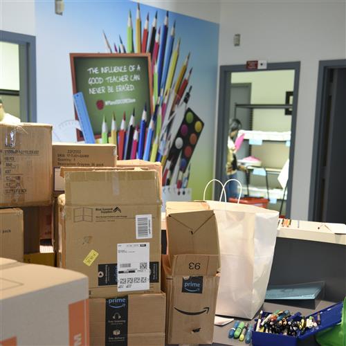 boxes of school supplies and at the CORE Store