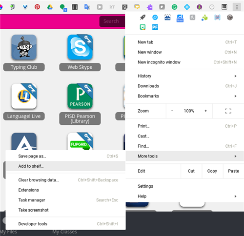 settings, more tools, add to shelf 