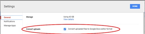 Google Drive Settings - Convert uploads 