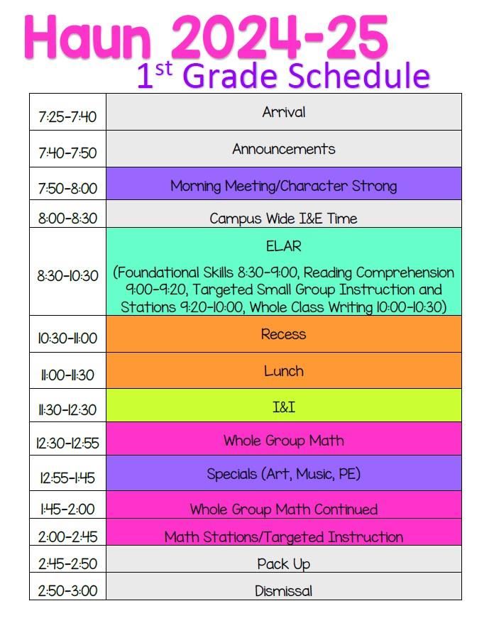 First Grade Daily Schedule