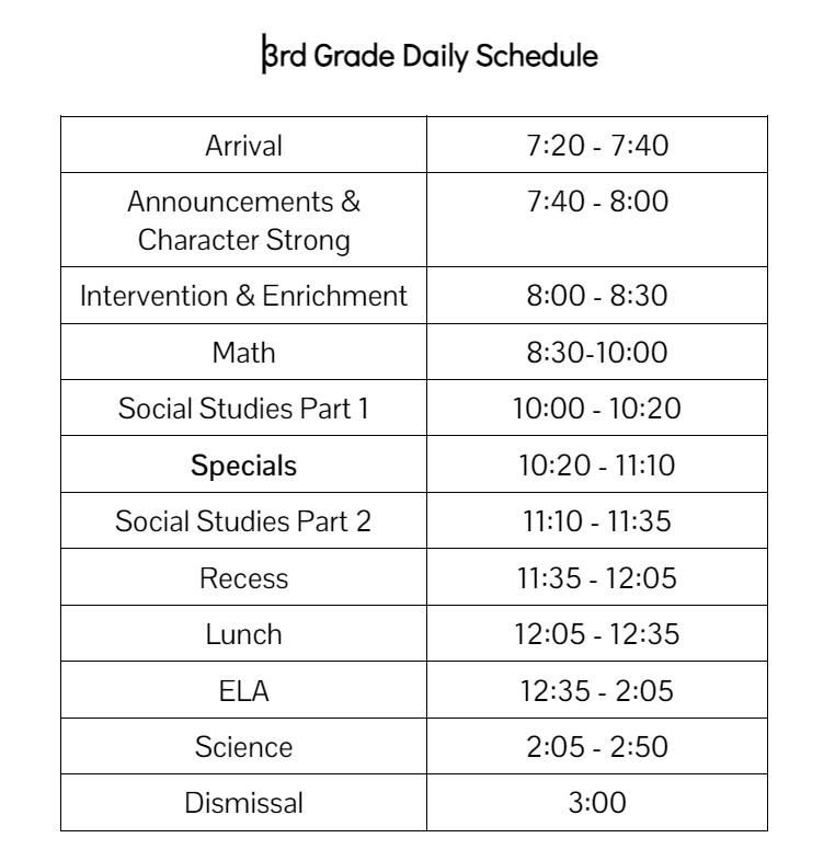 Third Grade Daily Schedule