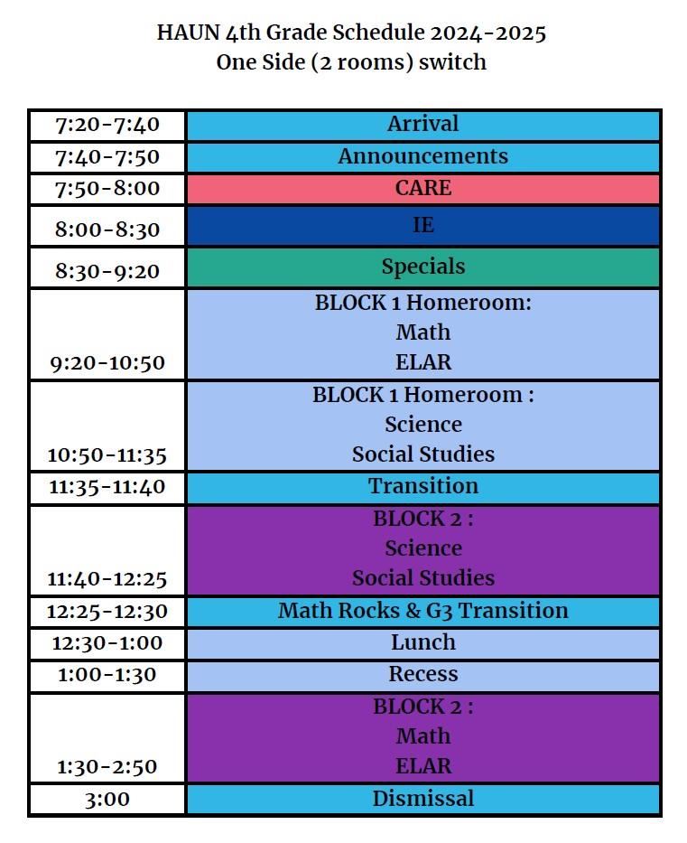 Fourth Grade Schedule for 2-room side of hall