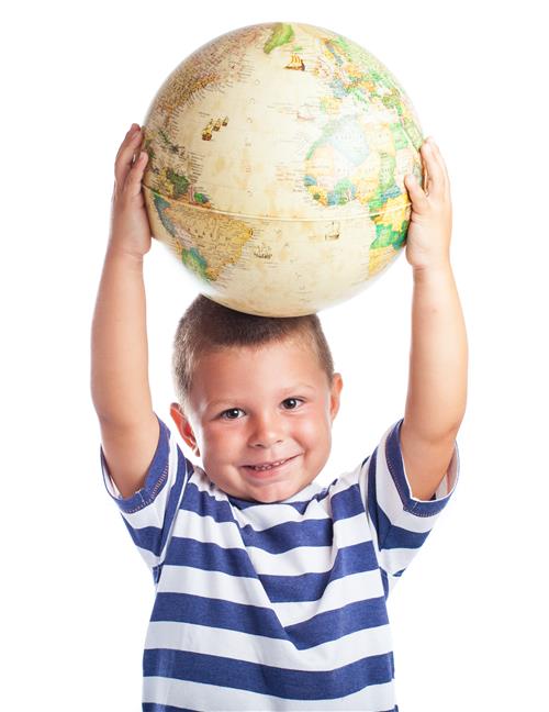 Boy with globe over head
