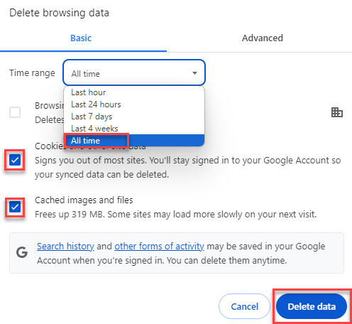 Clear data menu