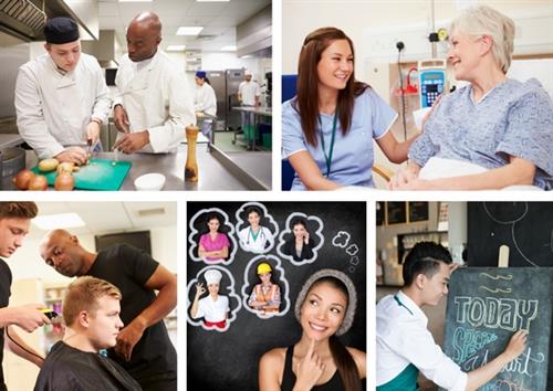 Students cooking, volunteering, cutting hair, working and a restaurant, and thinking about what they want to be  
