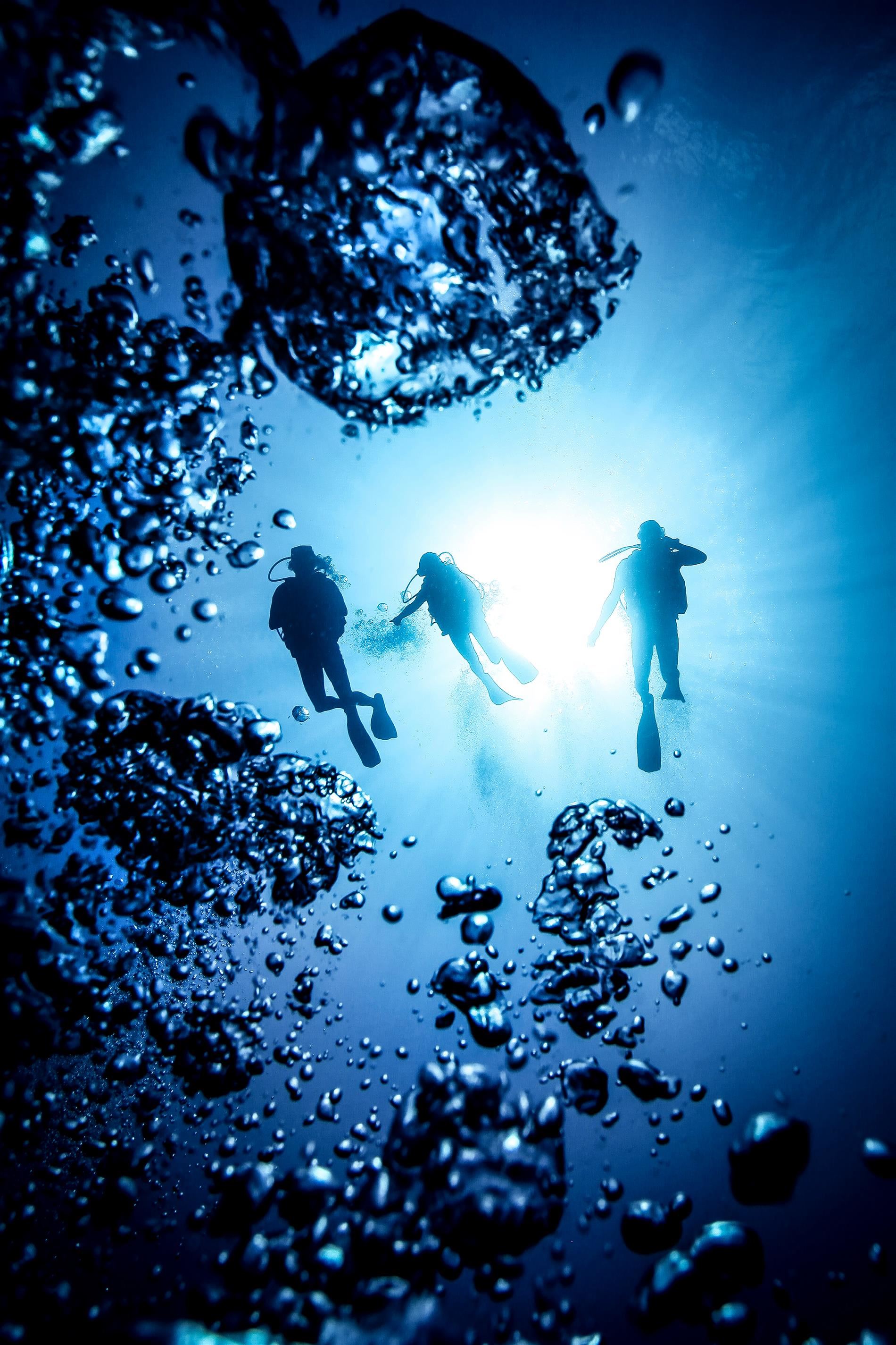 scuba divers from below and bubbles raising towards surface