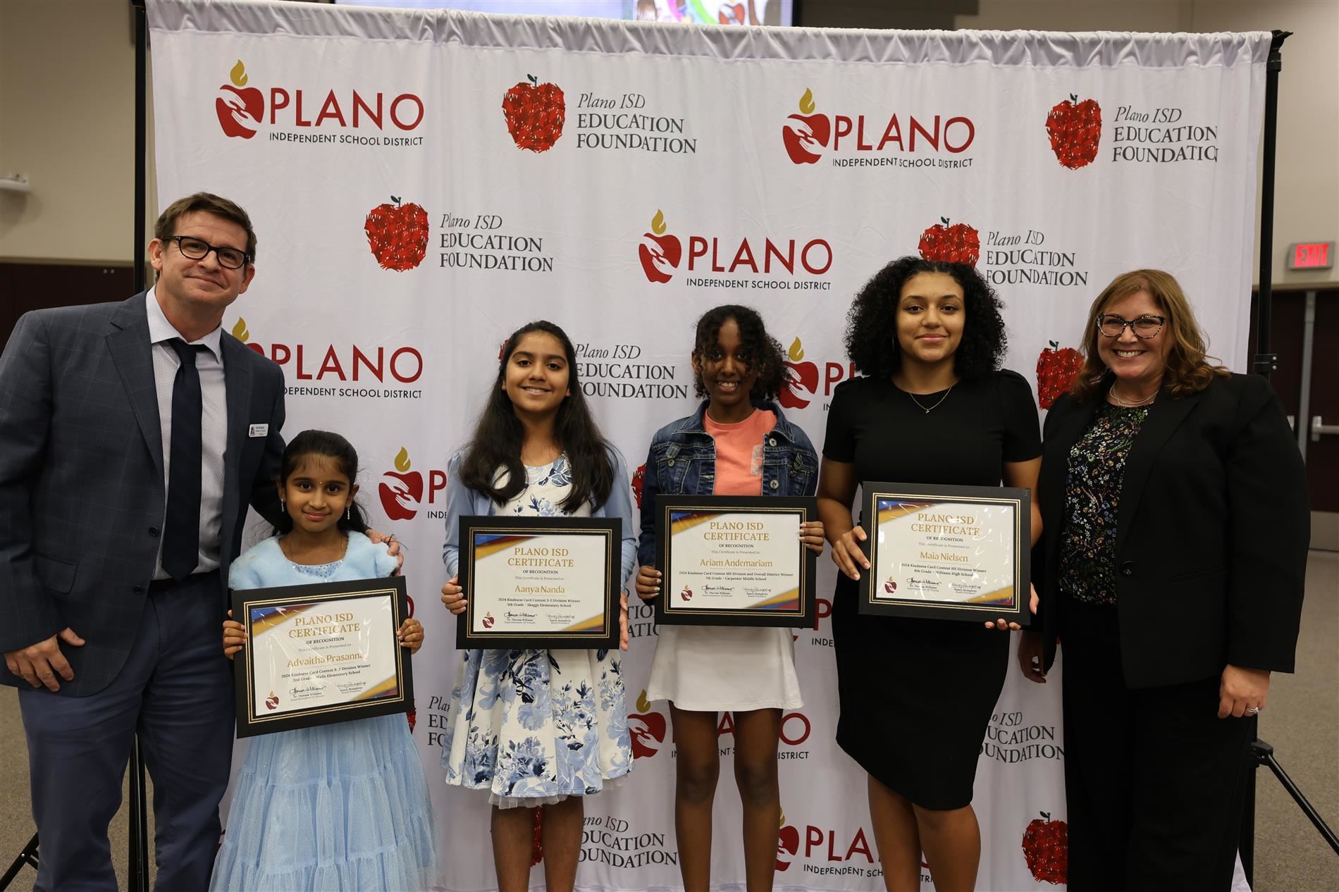 2024 Kindness Card Contest Award winners with K-12 Visual Arts Coordinator Colin McGrane (far left) and Board Secretary Lantz