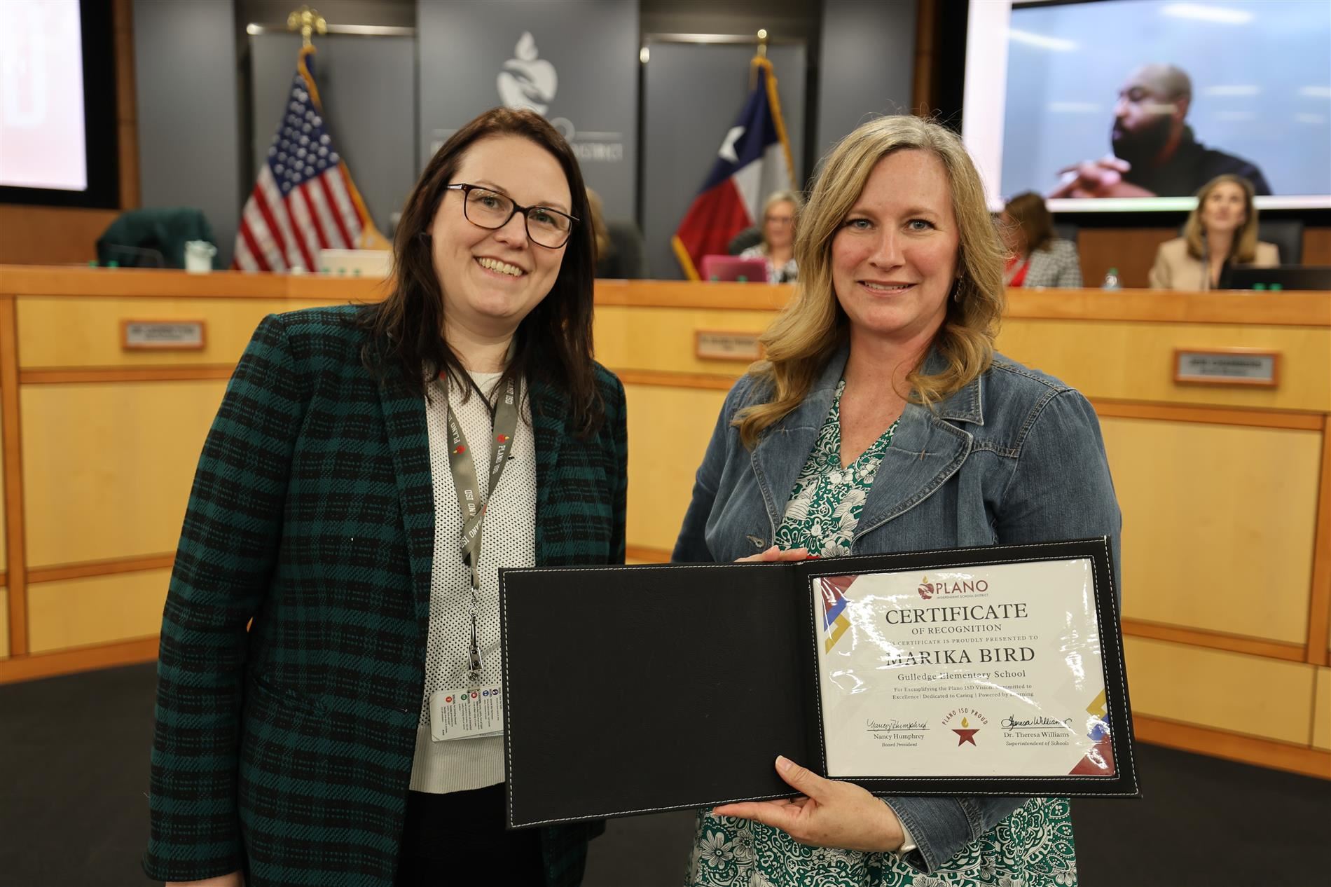 Image of Board Vice President Dr. Lauren Tyra with Gulledge Elementary Secretary Marika Bird.