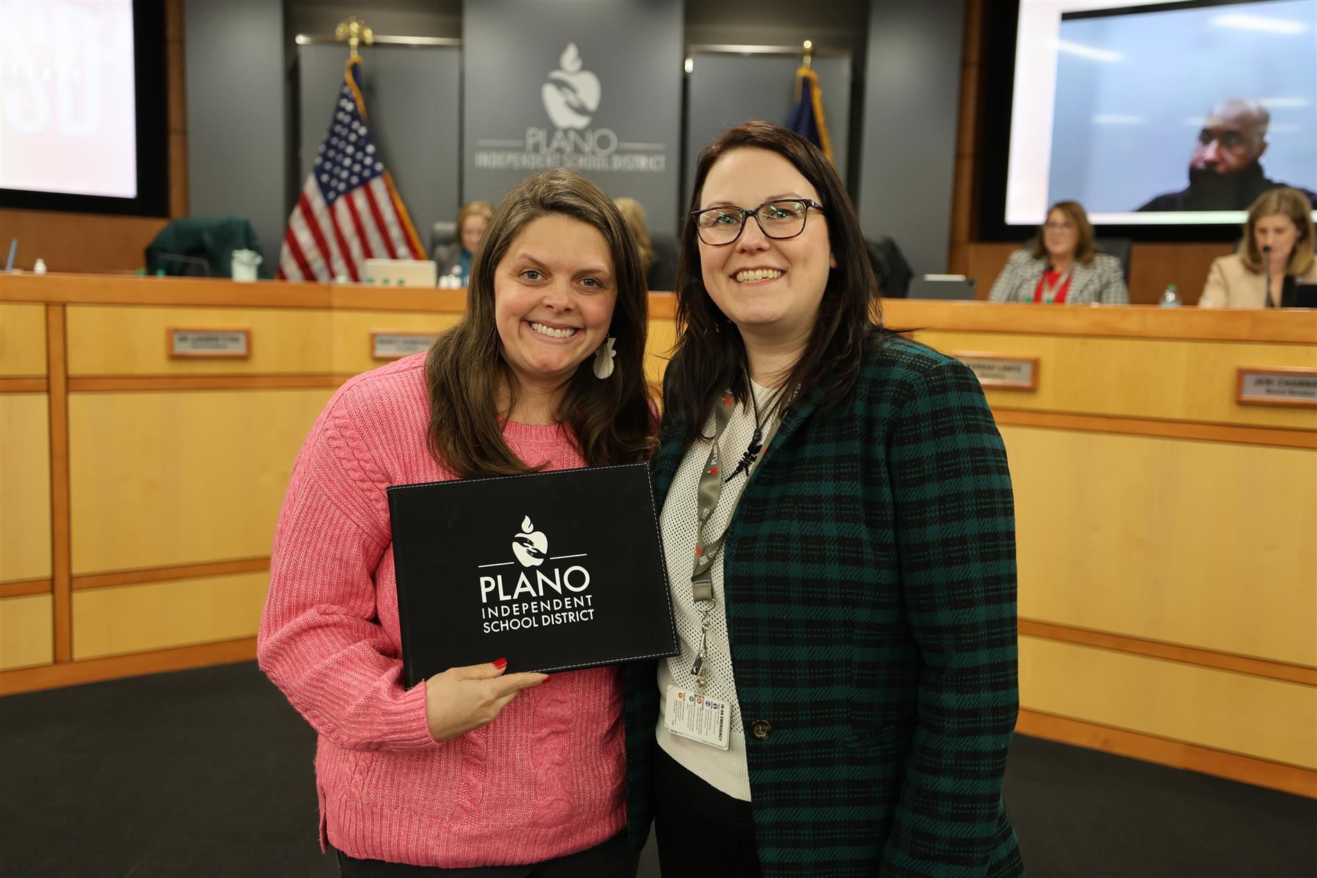 Image of Board Vice President Dr. Lauren Tyra with Hughston Elementary Special Education Teacher Katy Matthews.