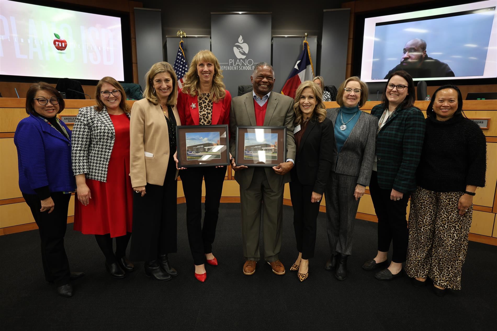 Image of the Plano ISD Board, Dr. Williams, Sara Bonser and James Thomas 