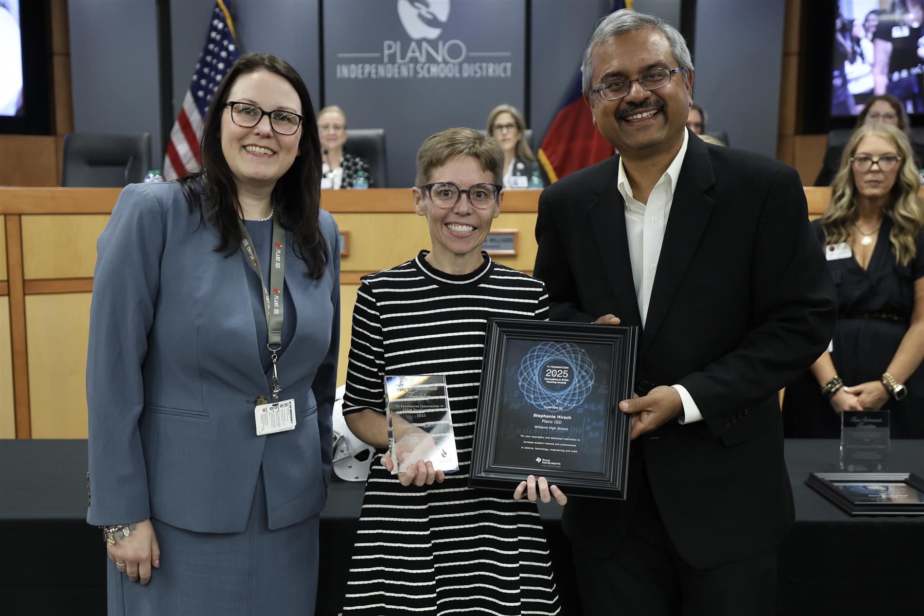 Stephanie Hirsch with Board Vice President Dr. Lauren Tyra and Harshal Chaya