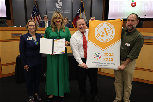 PISD Board VP Nancy Humphrey; Lauren DeBree, Saigling PTA President; Ross Cornell, PTA Council President, Chris Dunkle