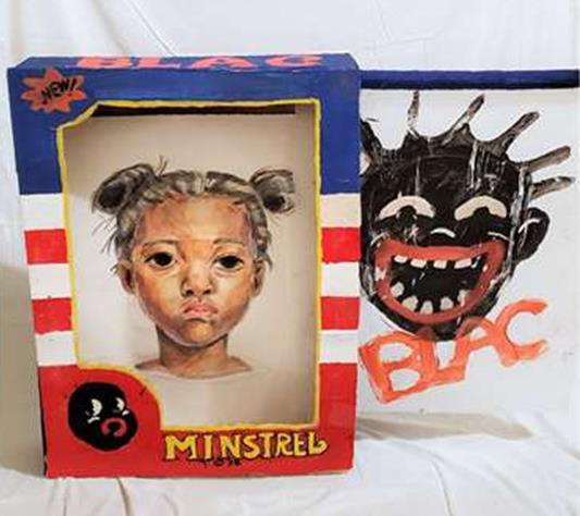 Blac: sculpture with two representations of African American - racist cartoon and realistic painting 