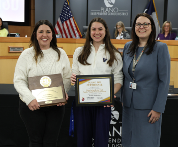  Plano West Senior High Audio/Visual Product Team Student at Board Meeting with UIL award