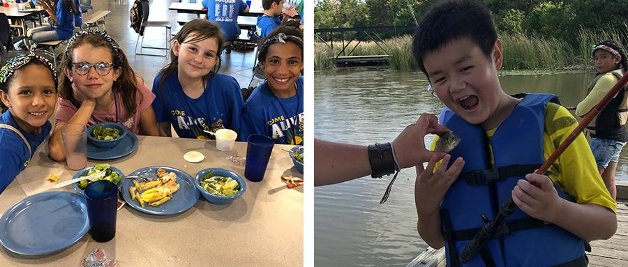 Shepard girls in dinning hall; Hickey boy with fish 