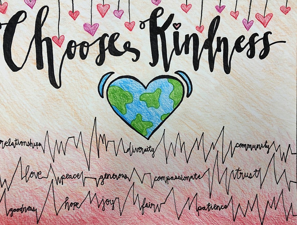 Choose Kindness, art earth shaped like a heart with heart beats 