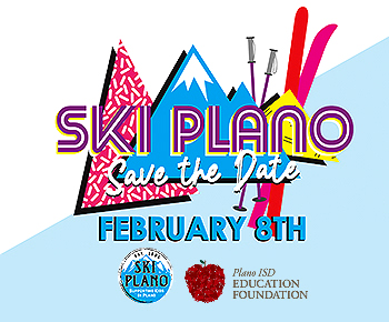 SKI Plano Save the Date Feb. 8 pink & blue mountains, skis and poles