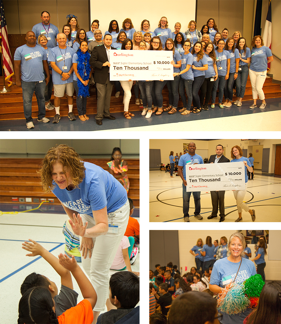 4 check presentation photos, group with check, principal with students, Hernan Mayorga Burlington & Sigler teacher 