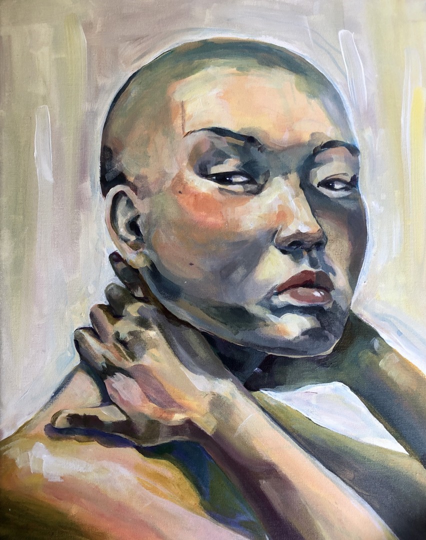 Li Shen colorful painting of bald woman with hands behind her neck 