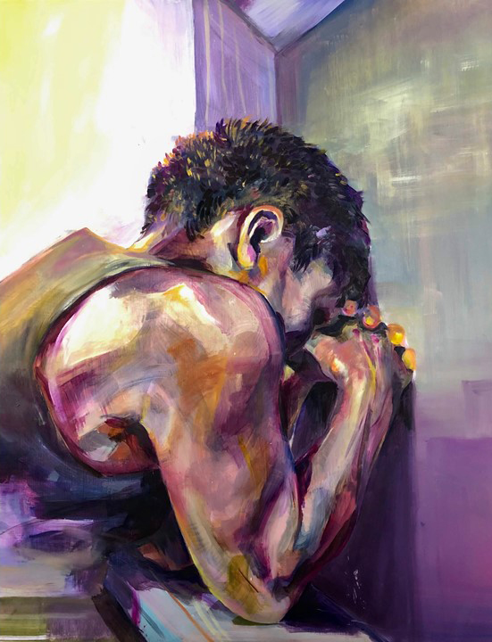 Painting of person praying facing a wall 