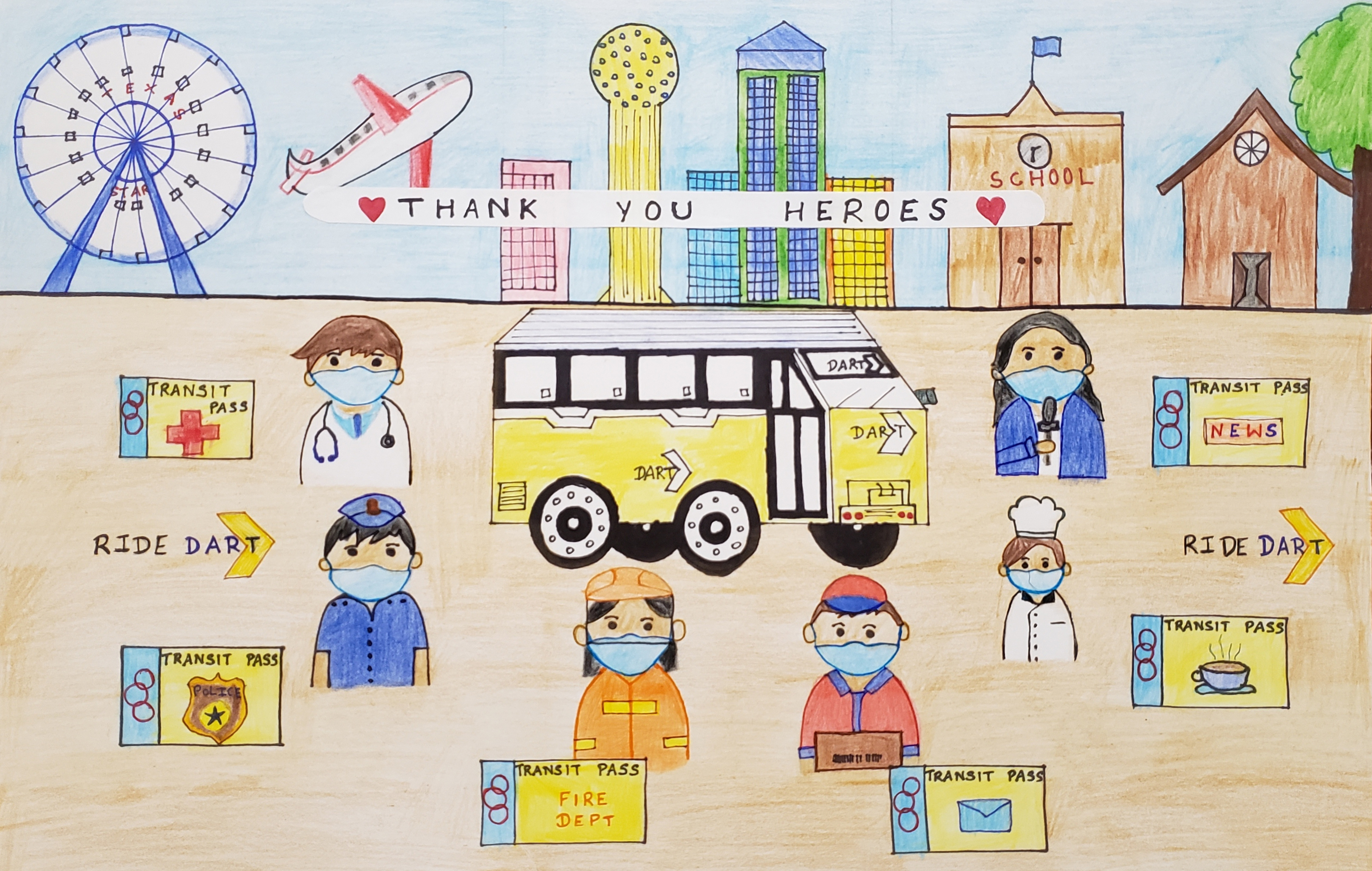 Shastry DART art - DART bus, dallas skyline with essential worker heros with their DART tickets