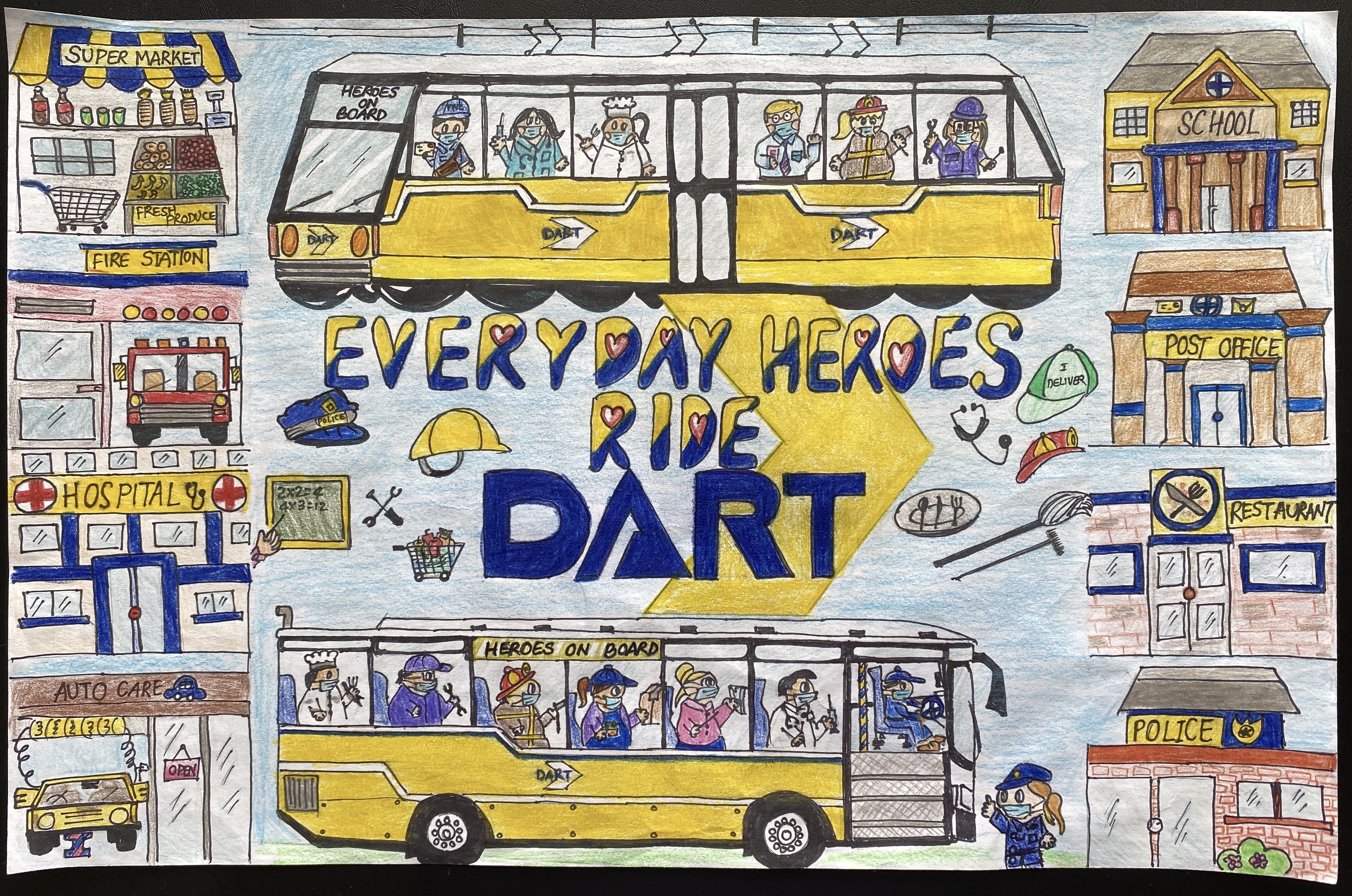Bhat DART art - buses and trams with many hats and buildings housing essential workers