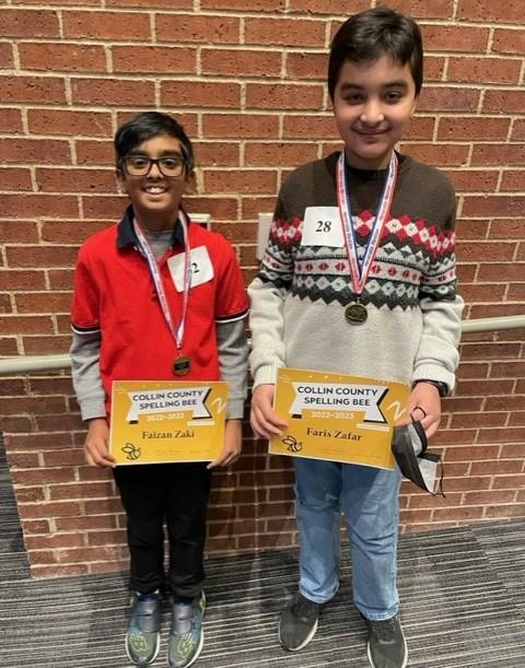 image of Faizan Zaki and Faris Zafar with spelling bee medals and certificates