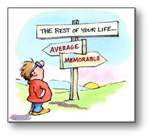 A boy looking at a sign that reads, the rest of your life. below one arrow reads, average, another reads memorable  