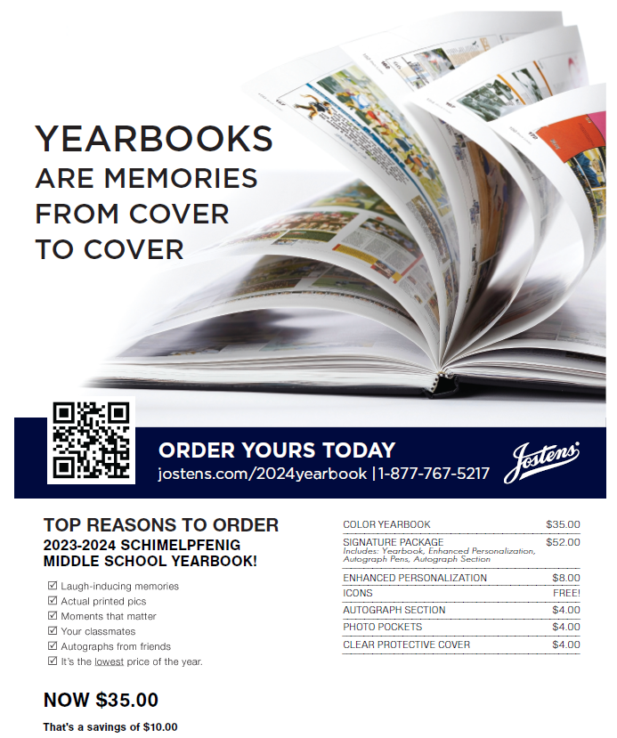  23-24 SMS Yearbook.Order by 9/22 for discounted price of $35. jostens.com/2024yearbook