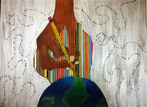 Hand drawing the world with MLK speech behind it. 