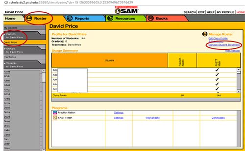 roster circled, classes and teacher name circled, manage student enrollment circled 