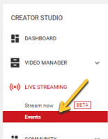 arrow pointing to events under live streaming  