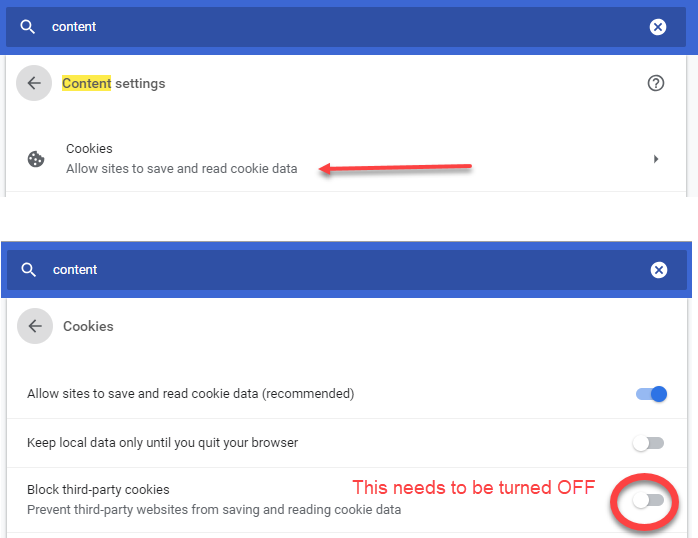 Chrome setting screen shot to unblock third-party cookies. 
