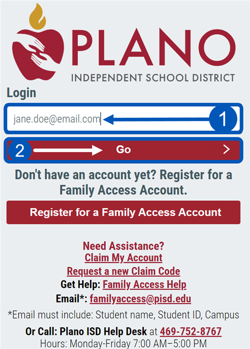 Family Access login screen where email is entered. Click go.