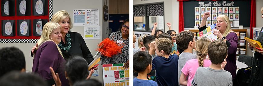 2 photos: HEB rep hugs teacher grant winner; Teacher grant winner celebrates with happy students