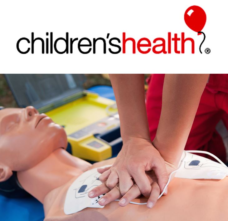  Children's Health logo and stock photo of hands performing CPR on classroom dummy