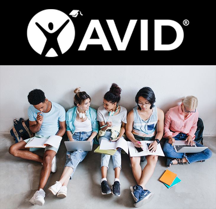  photo of group of students studying and AVID logo