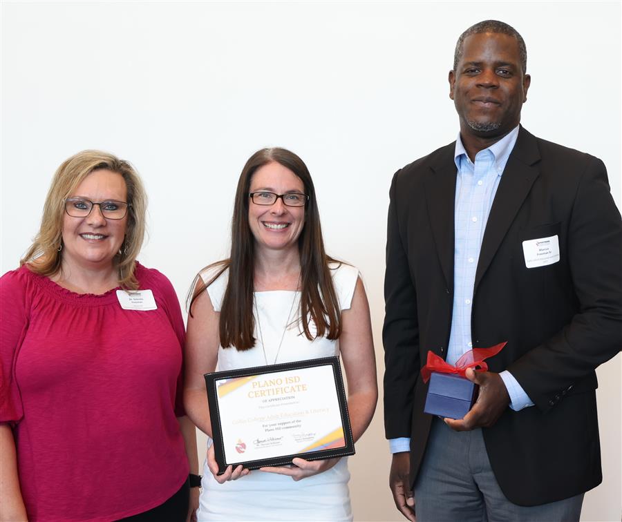 2 Collin College Adult Education and Literacy reps with certificate and gift box