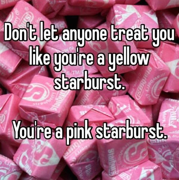 In the background, there are a bunch of pink Starburst. In the foreground is text that reads \