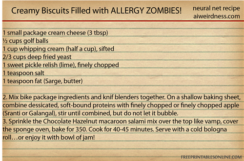 The photo shows an AI-generated recipe for something called Creamy Biscuits Filled With Allergy Zombies. The ingredient list includes golf balls.